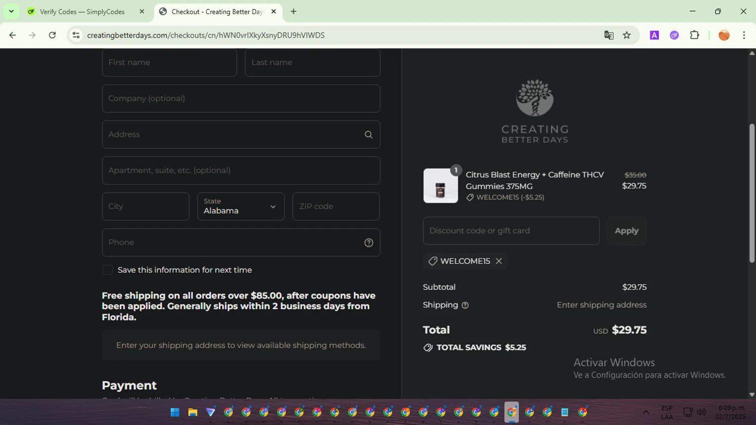 Creating Better Days discount code screenshot showing code WELCOME15 applied at Creating Better Days checkout page. Uploaded by SimplyCodes community member TreasureSentinel5290 on Jul 22, 2025