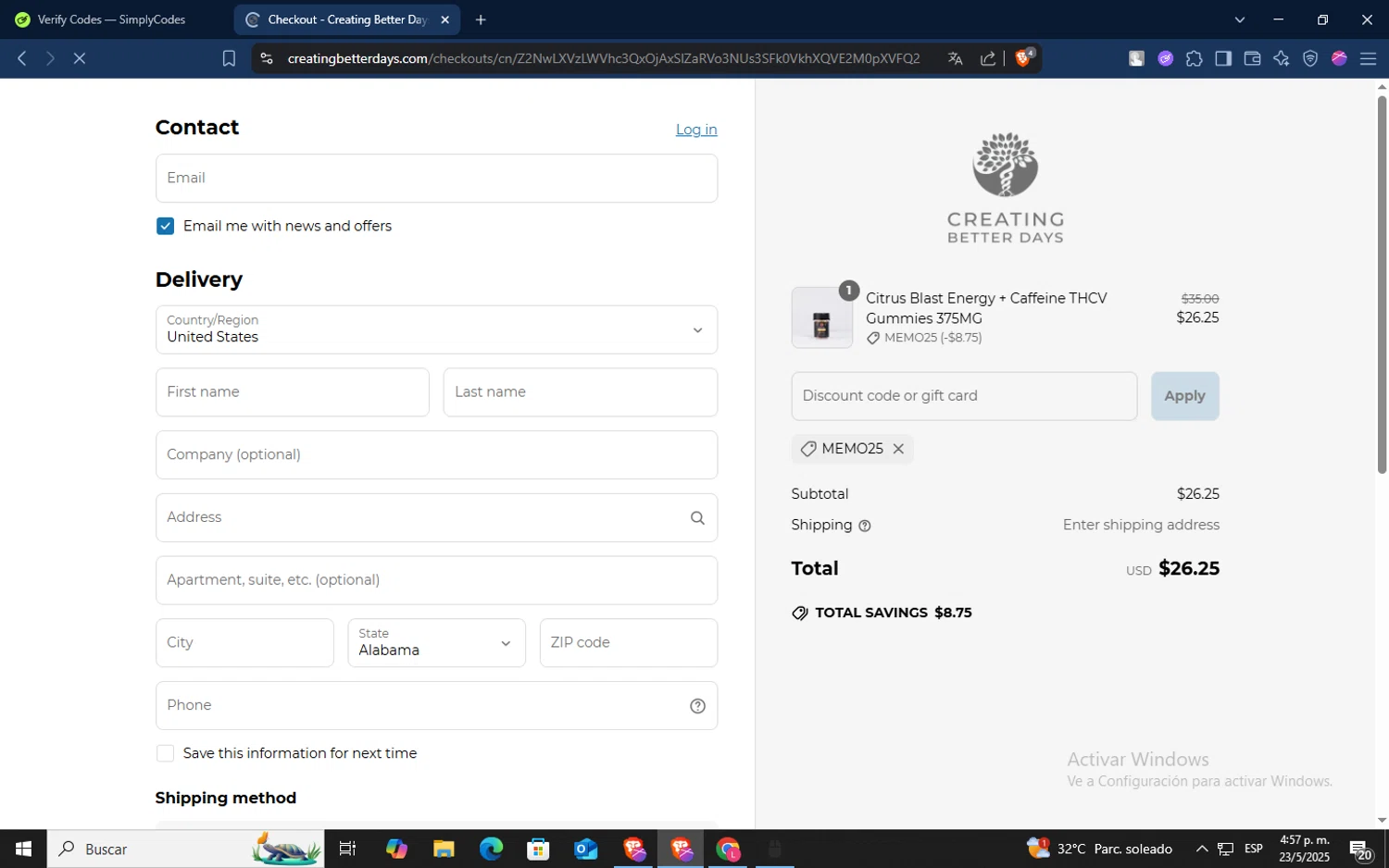 Creating Better Days discount code screenshot showing code memo25 applied at Creating Better Days checkout page. Uploaded by SimplyCodes community member TokenSaver1205 on May 23, 2025