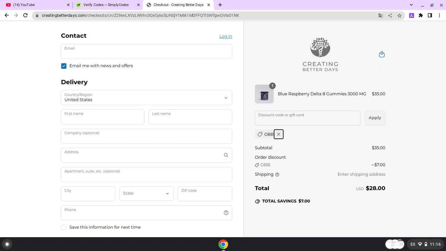 Creating Better Days discount code screenshot showing code OBB applied at Creating Better Days checkout page. Uploaded by SimplyCodes community member lapampita on Apr 18, 2025