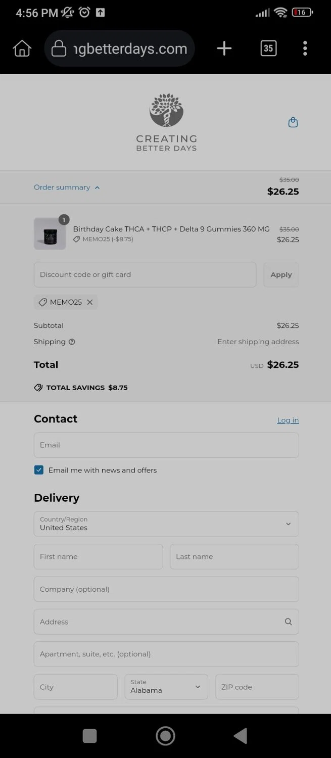 Creating Better Days discount code screenshot showing code MEMO25 applied at Creating Better Days checkout page. Uploaded by SimplyCodes community member User07 on May 23, 2025