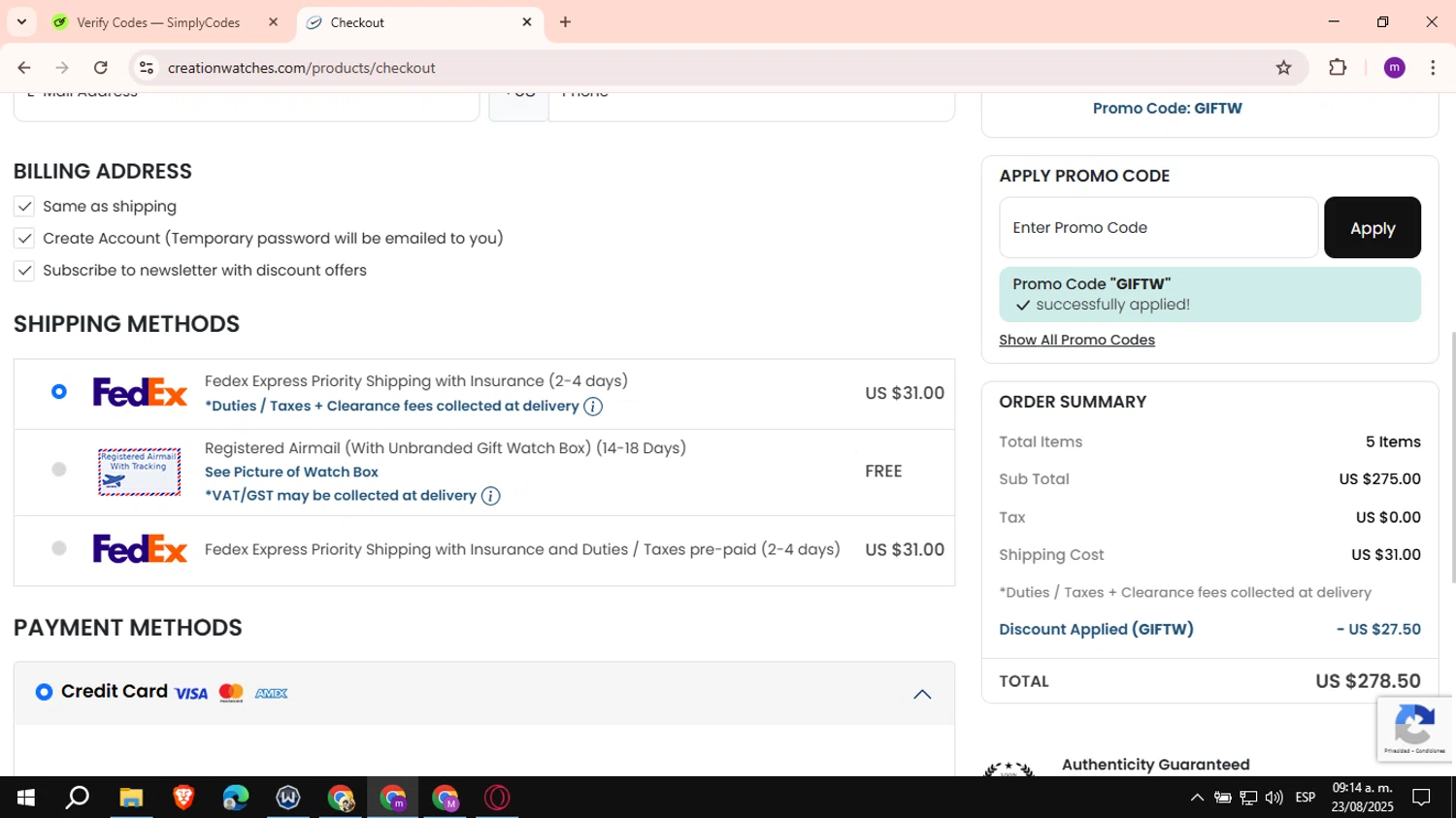 CreationWatches promo code screenshot showing code GIFTW applied at CreationWatches checkout page. Uploaded by SimplyCodes community member VictoriousCurator6515 on Aug 23, 2025