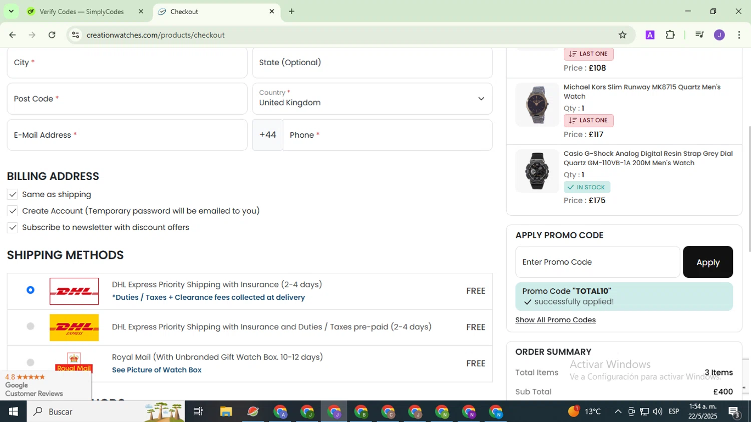 CreationWatches promo code screenshot showing code TOTAL10 applied at CreationWatches checkout page. Uploaded by SimplyCodes community member PromoHunter9043 on May 22, 2025