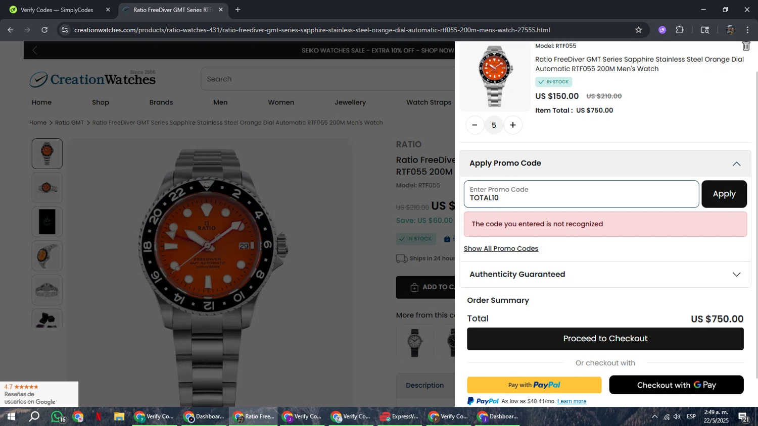 CreationWatches promo code screenshot showing code TOTAL10 applied at CreationWatches checkout page. Uploaded by SimplyCodes community member xxdddd on May 22, 2025