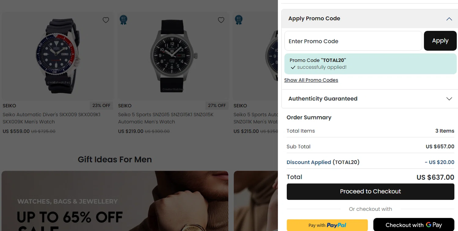 CreationWatches promo code screenshot showing code TOTAL20 applied at CreationWatches checkout page. Uploaded by SimplyCodes community member FranquizJoel on Aug 25, 2025