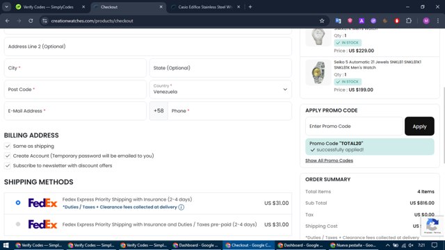 CreationWatches checkout page showing CreationWatches promo code box | Screenshot taken by SimplyCodes community member on Sep 5, 2025