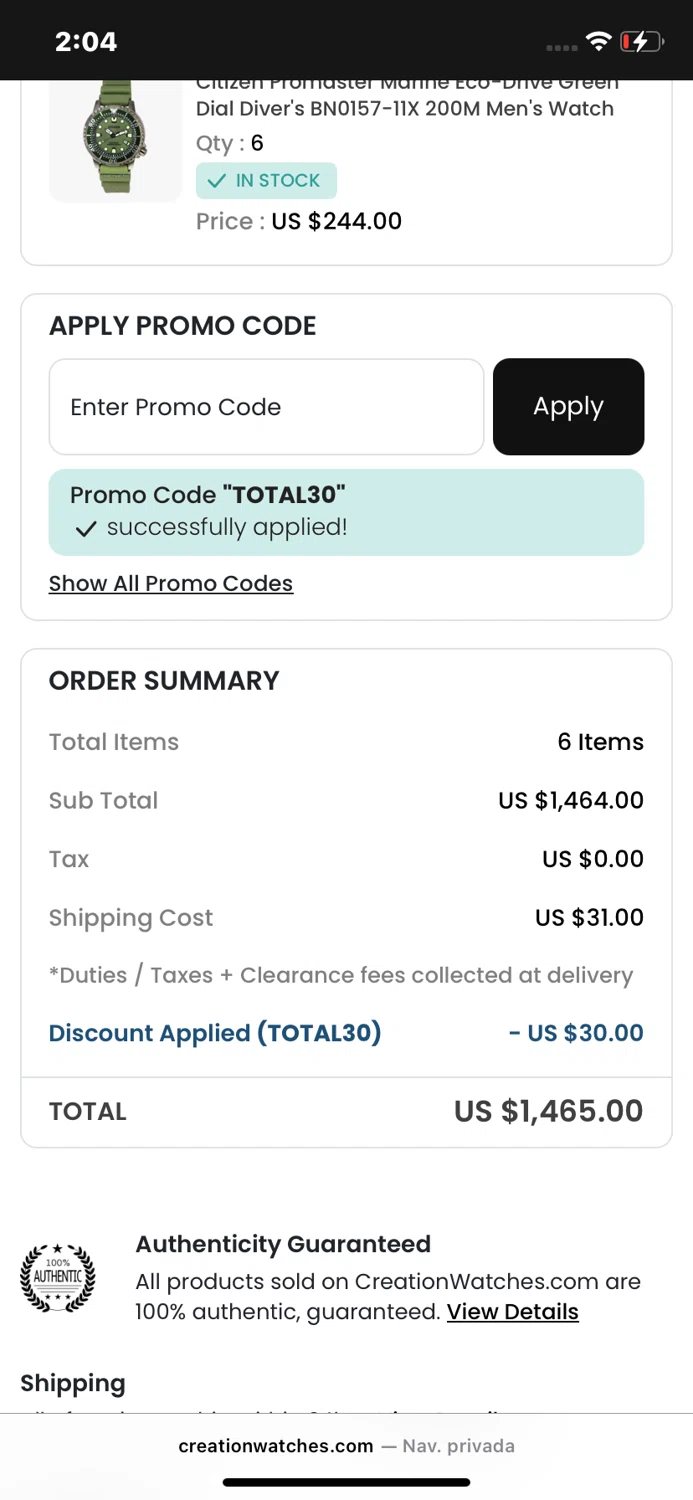 CreationWatches promo code screenshot showing code TOTAL30 applied at CreationWatches checkout page. Uploaded by SimplyCodes community member Elvistrofia on May 8, 2025