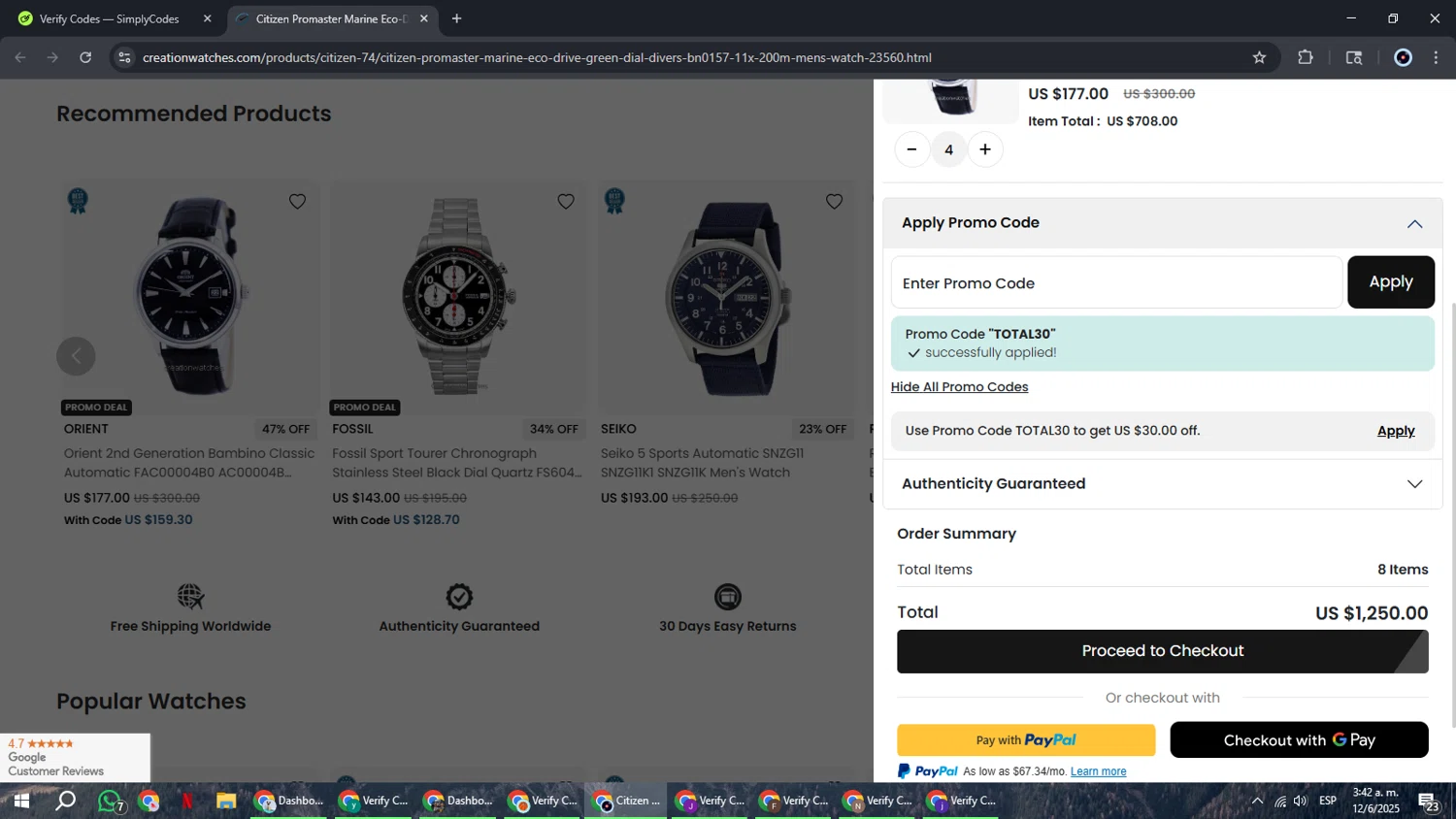 CreationWatches promo code screenshot showing code TOTAL30 applied at CreationWatches checkout page. Uploaded by SimplyCodes community member RoyalBoss4384 on Jun 12, 2025