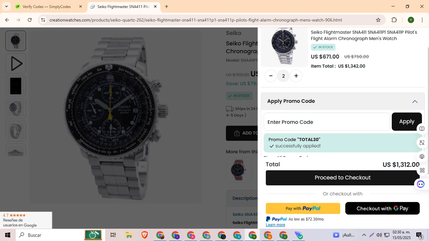 CreationWatches promo code screenshot showing code TOTAL30 applied at CreationWatches checkout page. Uploaded by SimplyCodes community member ylleneromero on May 15, 2025