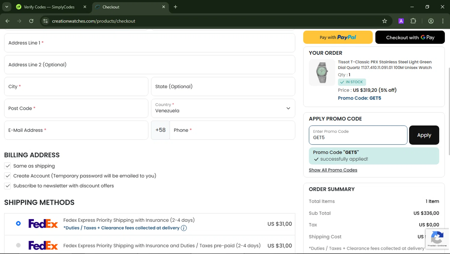 CreationWatches promo code screenshot showing code GET5 applied at CreationWatches checkout page. Uploaded by SimplyCodes community member CoinCollector8010 on Jun 10, 2025