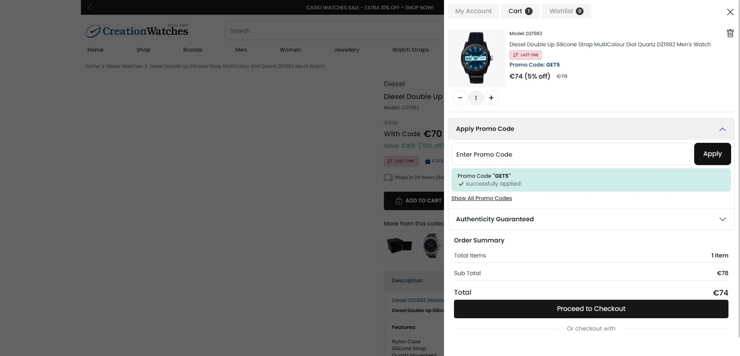 CreationWatches promo code screenshot showing code GET5 applied at CreationWatches checkout page. Uploaded by SimplyCodes community member RewardTitan728 on Jun 12, 2025