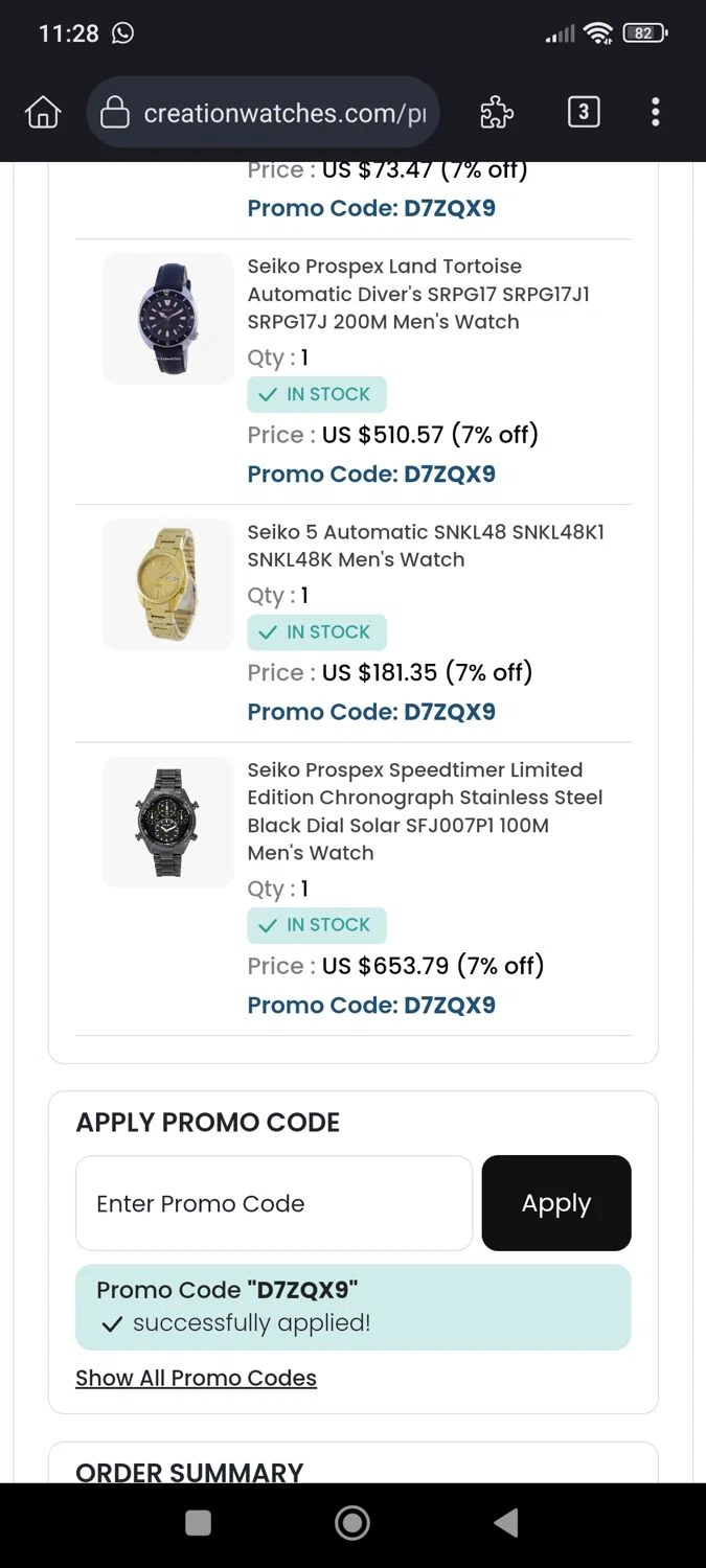 CreationWatches promo code screenshot showing code D7ZQX9 applied at CreationWatches checkout page. Uploaded by SimplyCodes community member JhoennysM on Jul 23, 2025