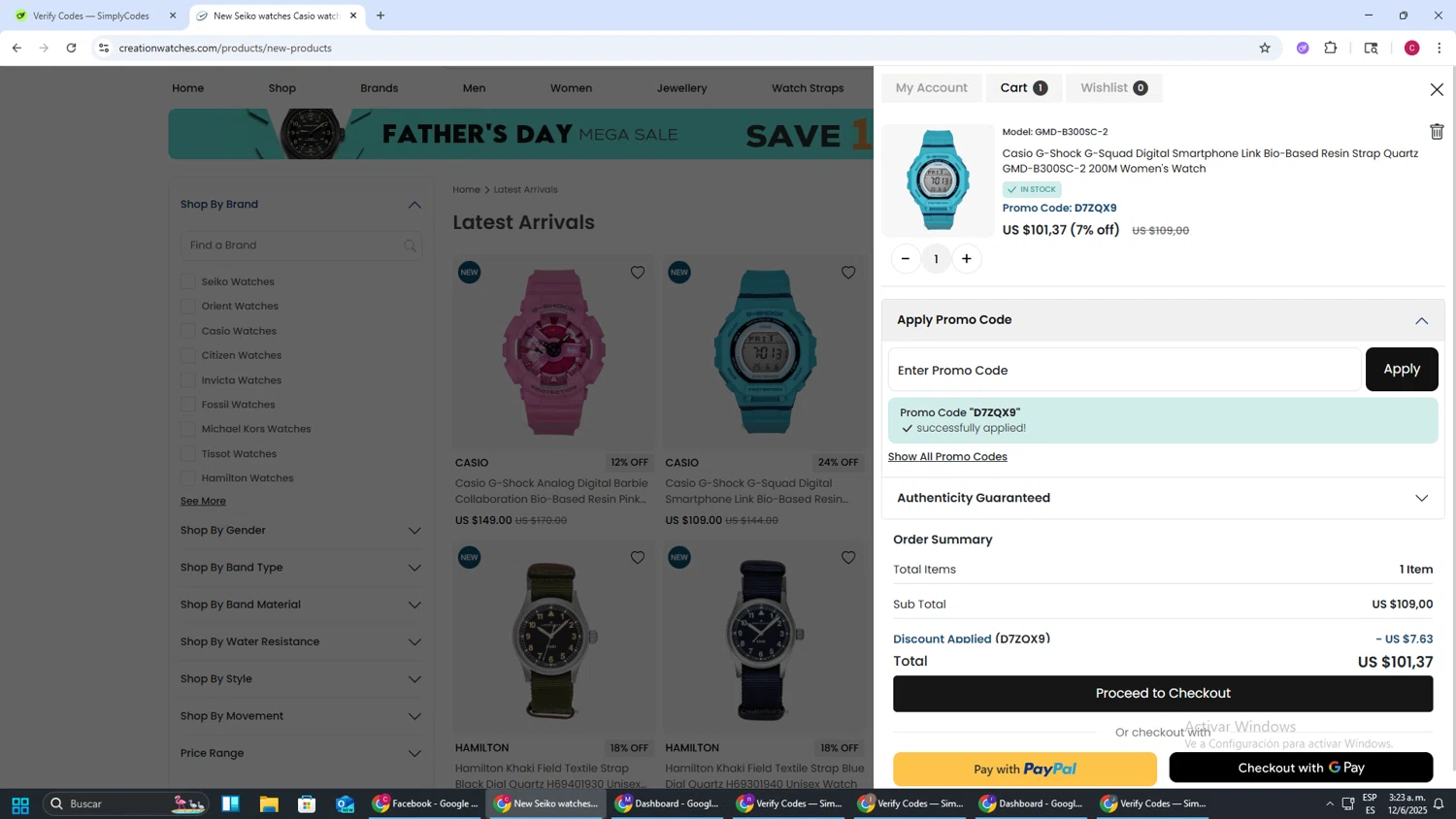 CreationWatches promo code screenshot showing code D7ZQX9 applied at CreationWatches checkout page. Uploaded by SimplyCodes community member TOROREX250 on Jun 12, 2025
