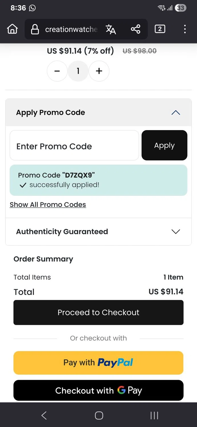 CreationWatches promo code screenshot showing code D7ZQX9 applied at CreationWatches checkout page. Uploaded by SimplyCodes community member TULA515 on Jun 30, 2025