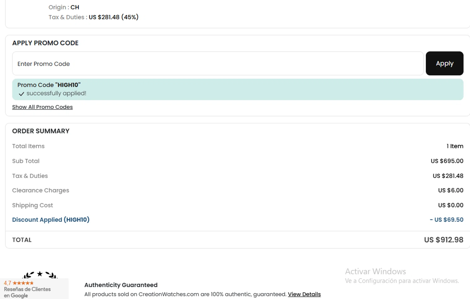 CreationWatches promo code screenshot showing code HIGH10 applied at CreationWatches checkout page. Uploaded by SimplyCodes community member Gary_23 on Aug 29, 2025