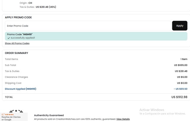 CreationWatches checkout page showing CreationWatches promo code box | Screenshot taken by SimplyCodes community member on Aug 29, 2025