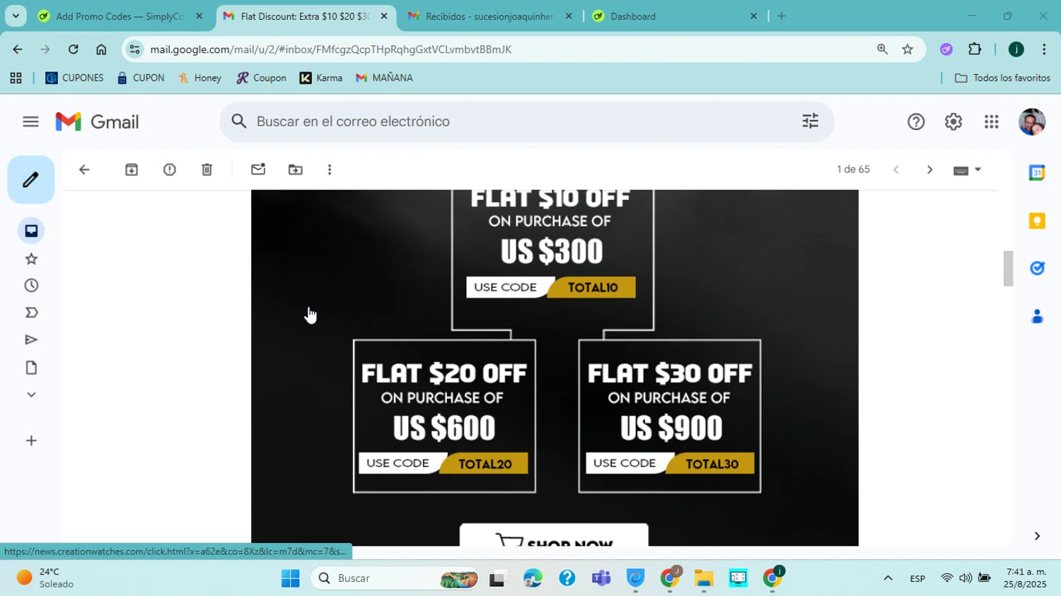 CreationWatches promo code screenshot showing code TOTAL20 applied at CreationWatches checkout page. Uploaded by SimplyCodes community member ABHF23 on Aug 25, 2025