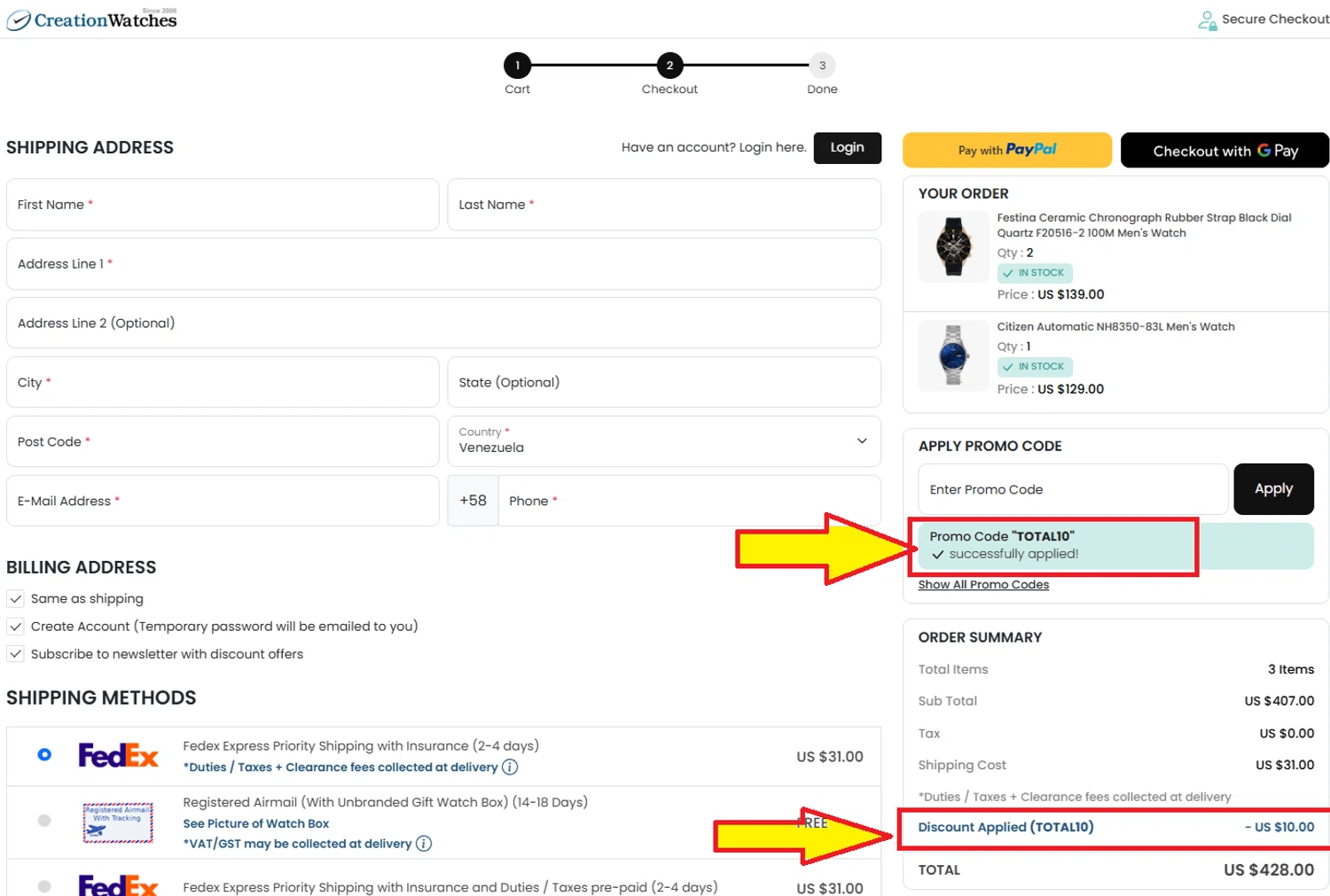CreationWatches promo code screenshot showing code TOTAL10 applied at CreationWatches checkout page. Uploaded by SimplyCodes community member kattylar on Aug 7, 2025
