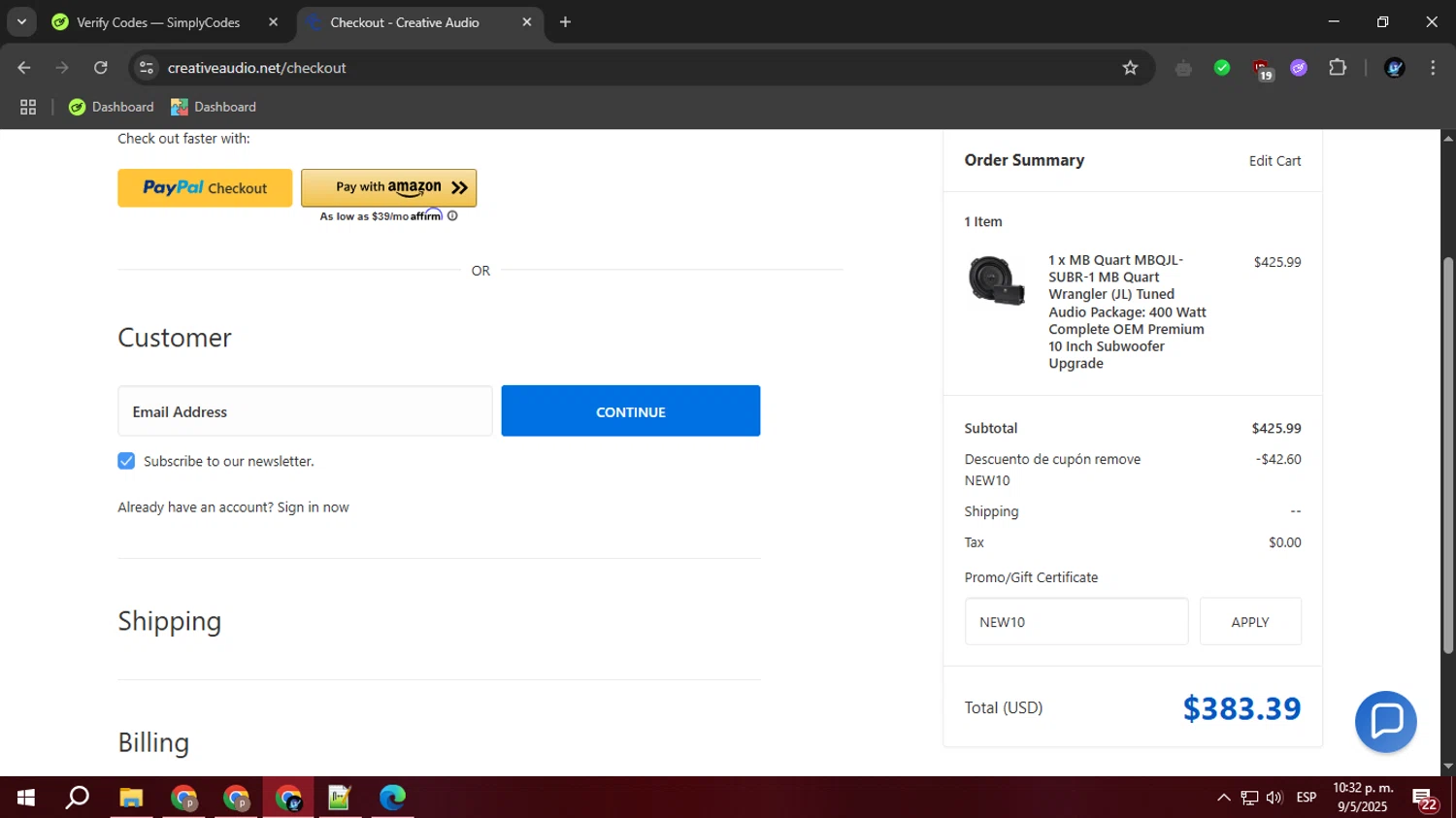 Creative Audio coupon code screenshot showing code NEW10 applied at Creative Audio checkout page. Uploaded by SimplyCodes community member BudgetOwl2519 on May 10, 2025