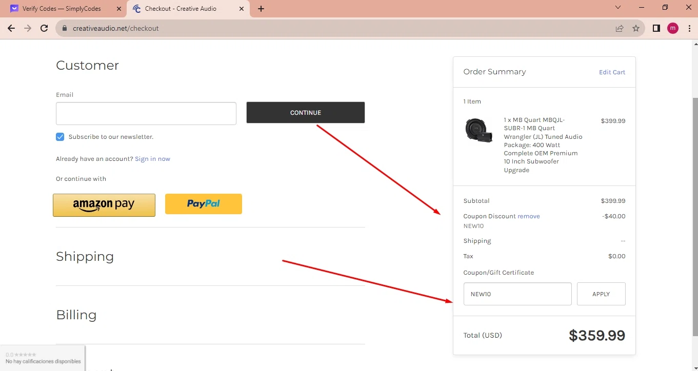 where to use Creative Audio promo code box