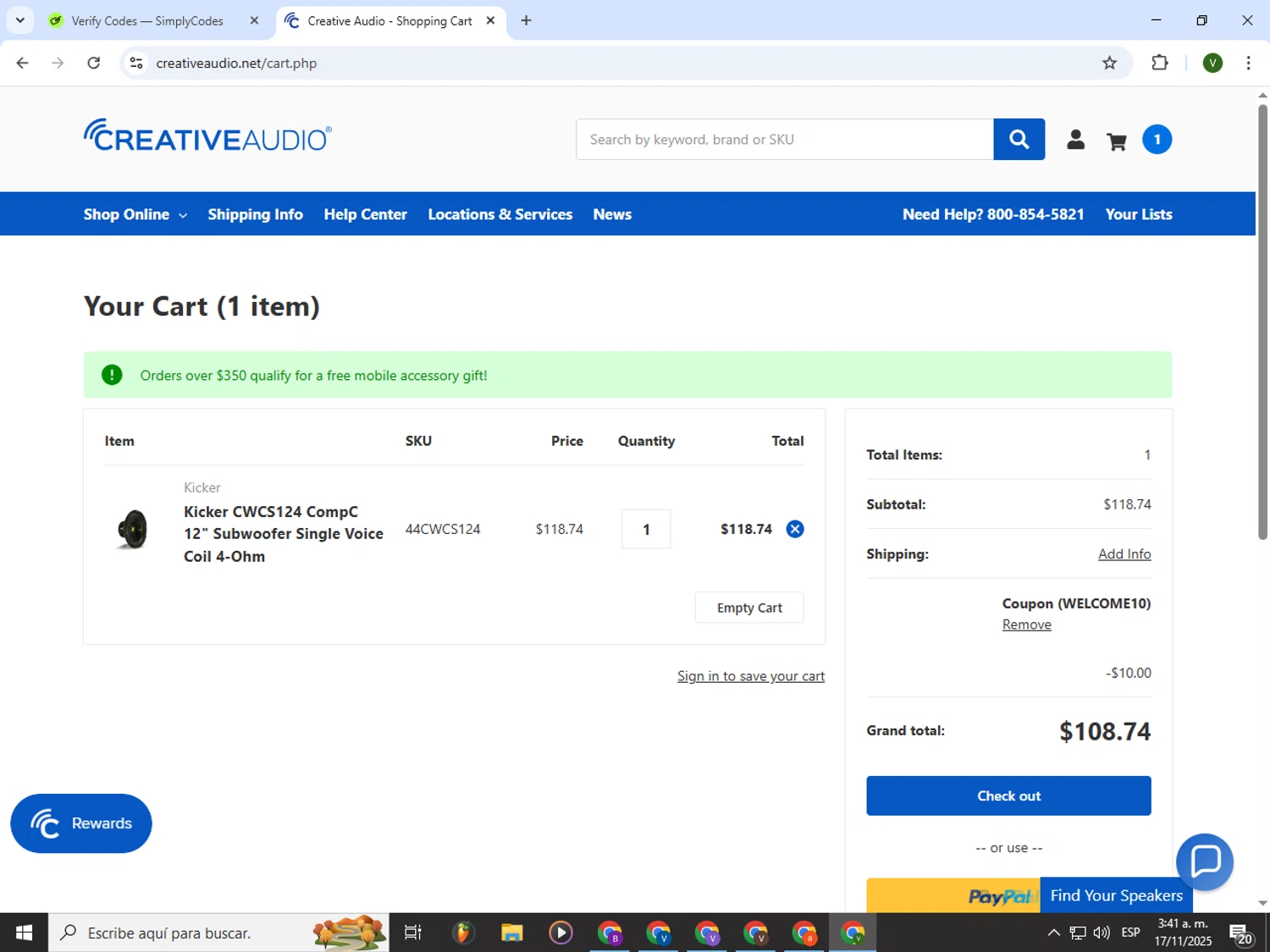 Creative Audio coupon code screenshot showing code WELCOME10 applied at Creative Audio checkout page. Uploaded by SimplyCodes community member PrimeWizard4168 on Nov 17, 2025
