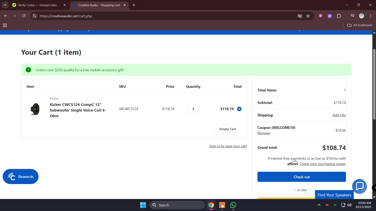Creative Audio coupon code screenshot showing code WELCOME10 applied at Creative Audio checkout page. Uploaded by SimplyCodes community member lunita on Oct 13, 2025