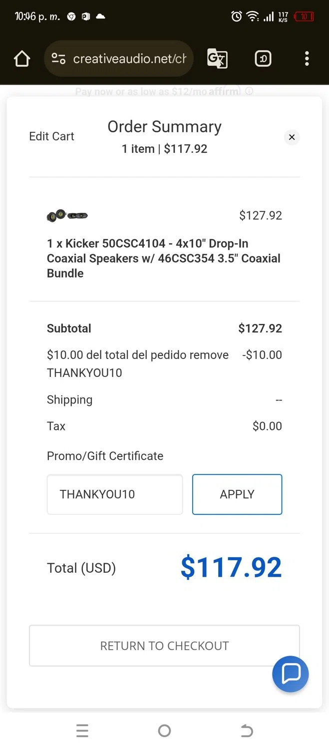 Creative Audio coupon code screenshot showing code THANKYOU10 applied at Creative Audio checkout page. Uploaded by SimplyCodes community member Pipina on May 17, 2025