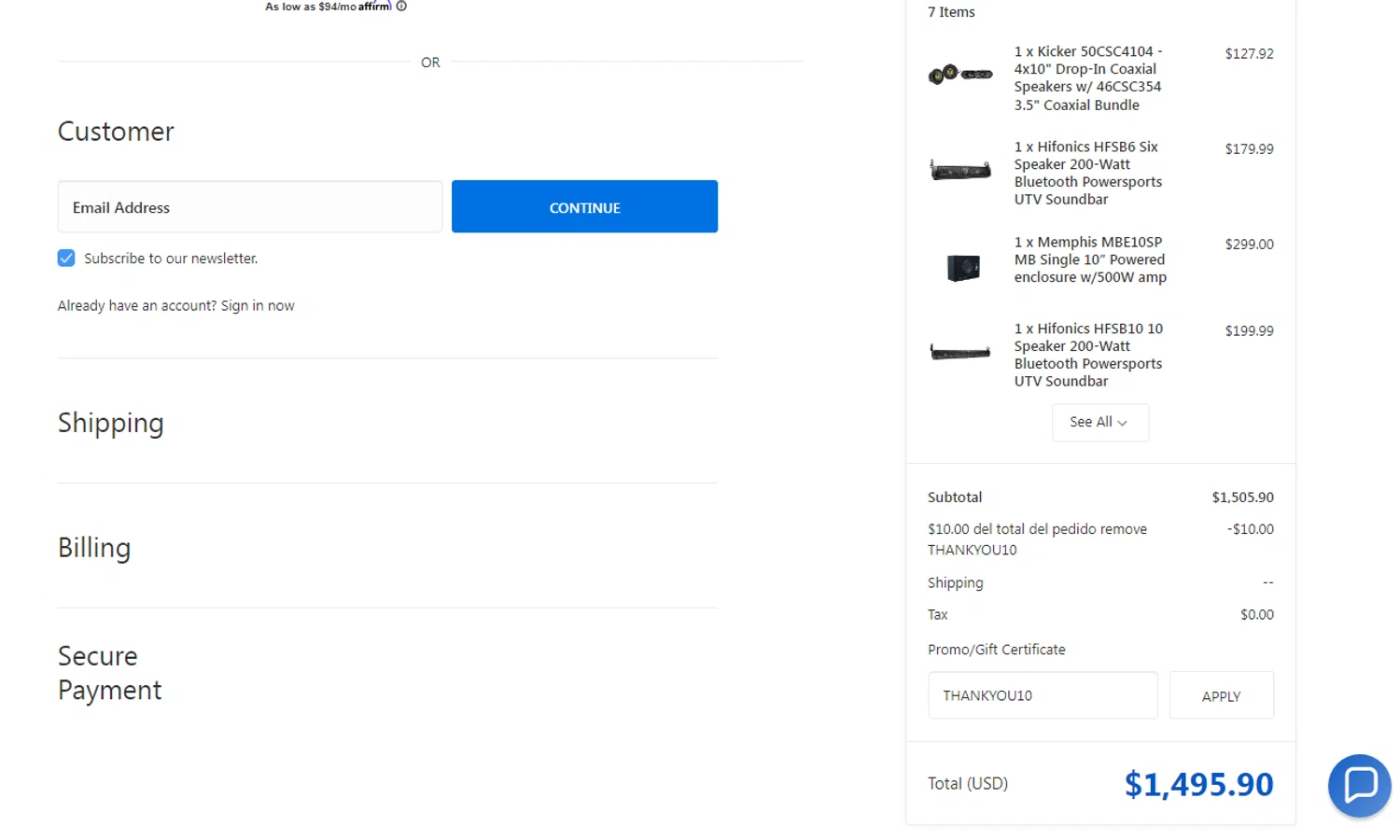 Creative Audio coupon code screenshot showing code THANKYOU10 applied at Creative Audio checkout page. Uploaded by SimplyCodes community member oliveririarte on May 10, 2025