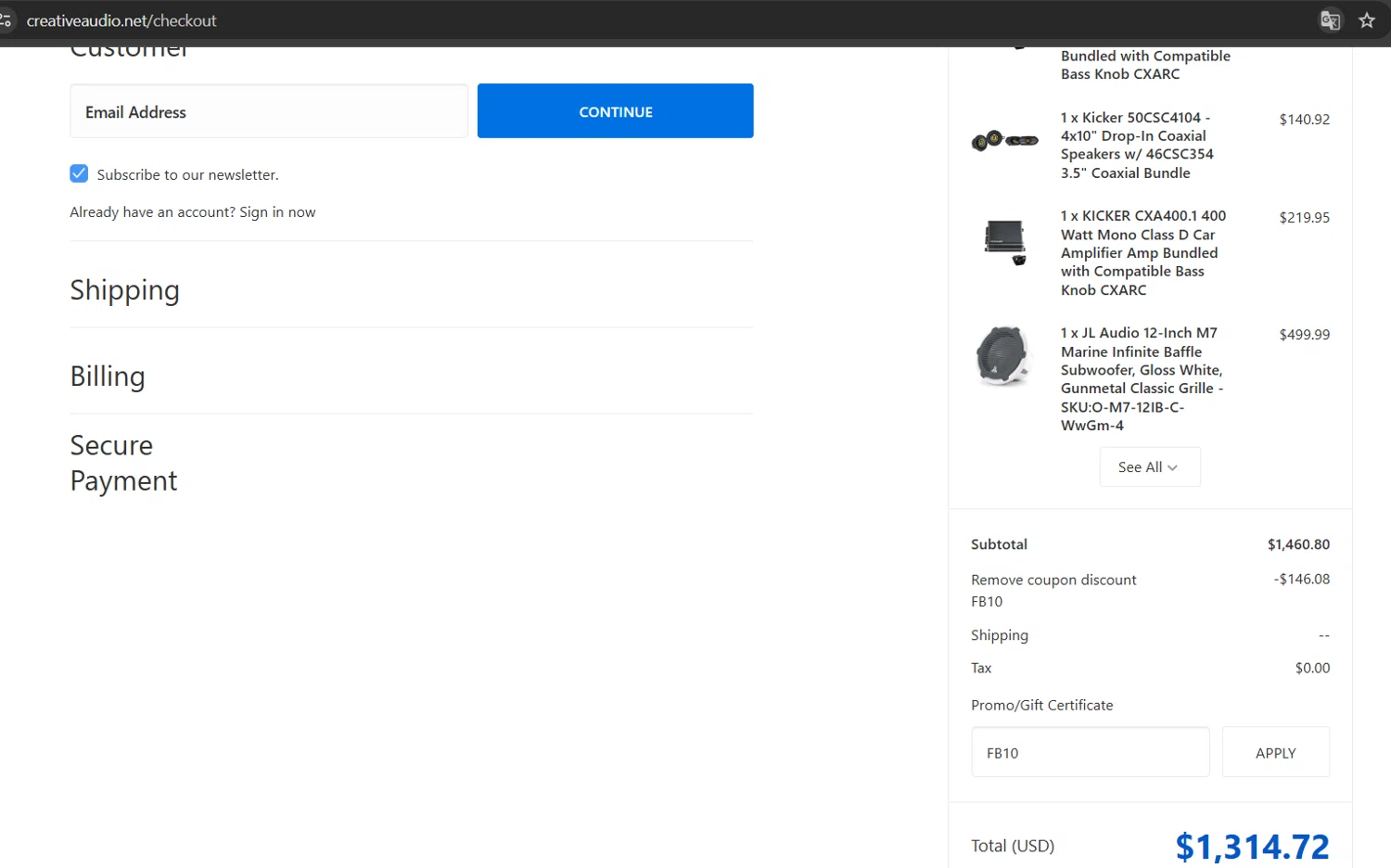 Creative Audio coupon code screenshot showing code FB10 applied at Creative Audio checkout page. Uploaded by SimplyCodes community member Gray_75 on Jul 21, 2025
