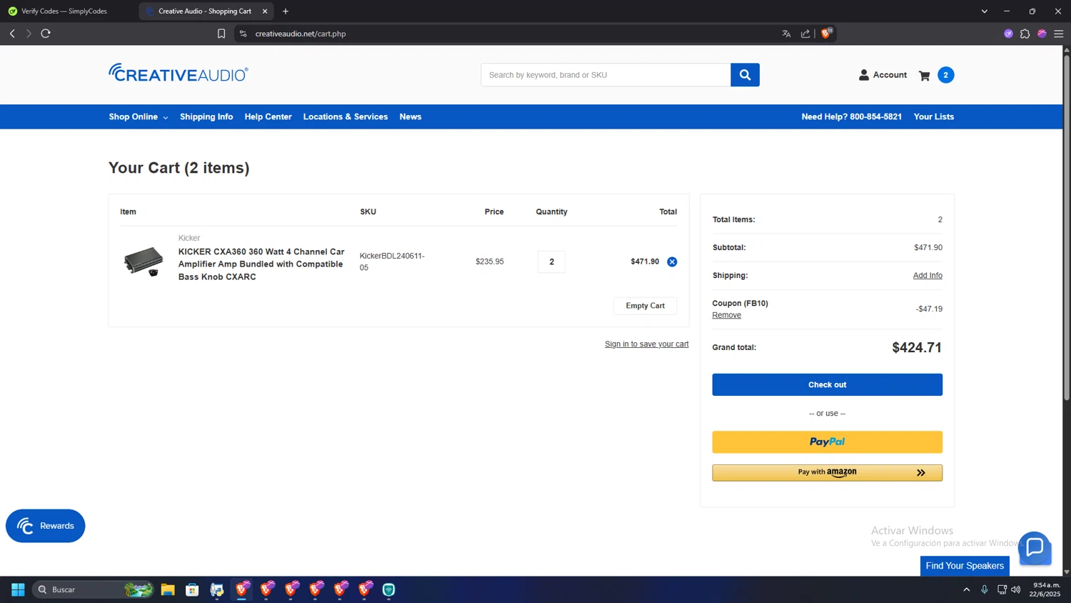 Creative Audio coupon code screenshot showing code FB10 applied at Creative Audio checkout page. Uploaded by SimplyCodes community member HUMANIZER on Jun 22, 2025