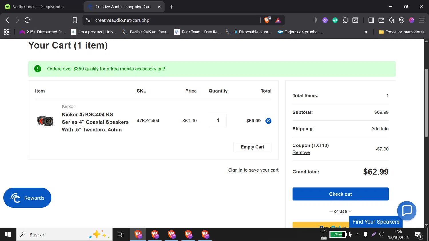 Creative Audio coupon code screenshot showing code TXT10 applied at Creative Audio checkout page. Uploaded by SimplyCodes community member DORIANGEL on Oct 13, 2025