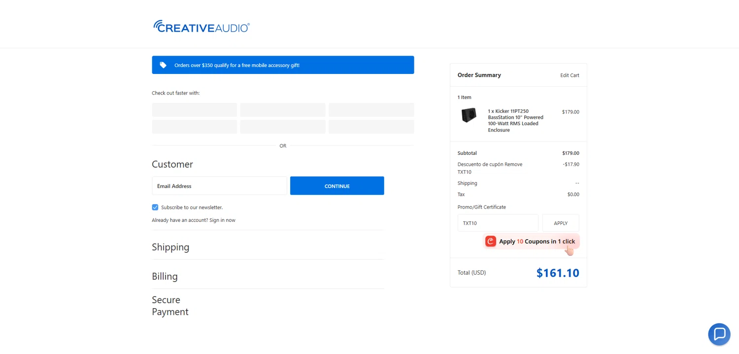 Creative Audio coupon code screenshot showing code TXT10 applied at Creative Audio checkout page. Uploaded by SimplyCodes community member Dorothy on Oct 13, 2025