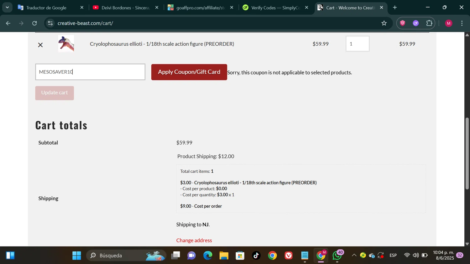 Creative Beast promo code screenshot showing code MESOSAVER10 applied at Creative Beast checkout page. Uploaded by SimplyCodes community member SwiftPioneer1769 on Jun 9, 2025