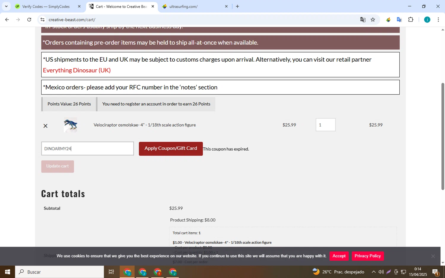 Creative Beast promo code screenshot showing code DINOARMY24 applied at Creative Beast checkout page. Uploaded by SimplyCodes community member Juan_collug on Apr 15, 2025