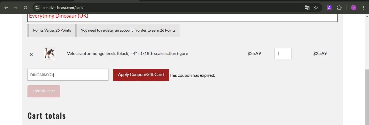 Creative Beast promo code screenshot showing code DINOARMY24 applied at Creative Beast checkout page. Uploaded by SimplyCodes community member firoas on Feb 27, 2025