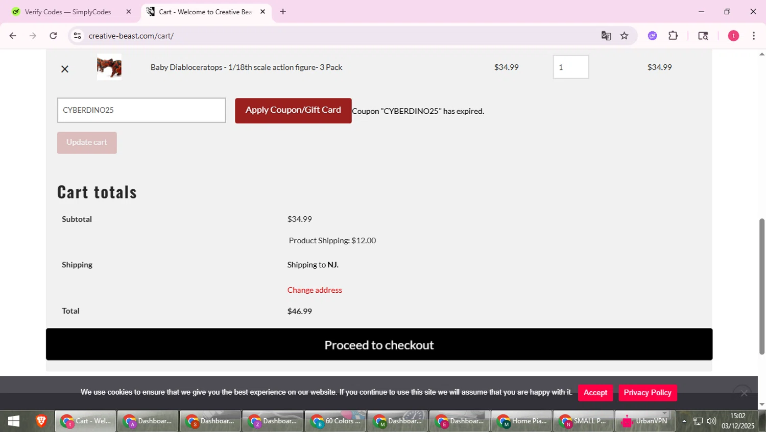 Creative Beast promo code screenshot showing code CYBERDINO25 applied at Creative Beast checkout page. Uploaded by SimplyCodes community member ScanExpert2824 on Dec 3, 2025