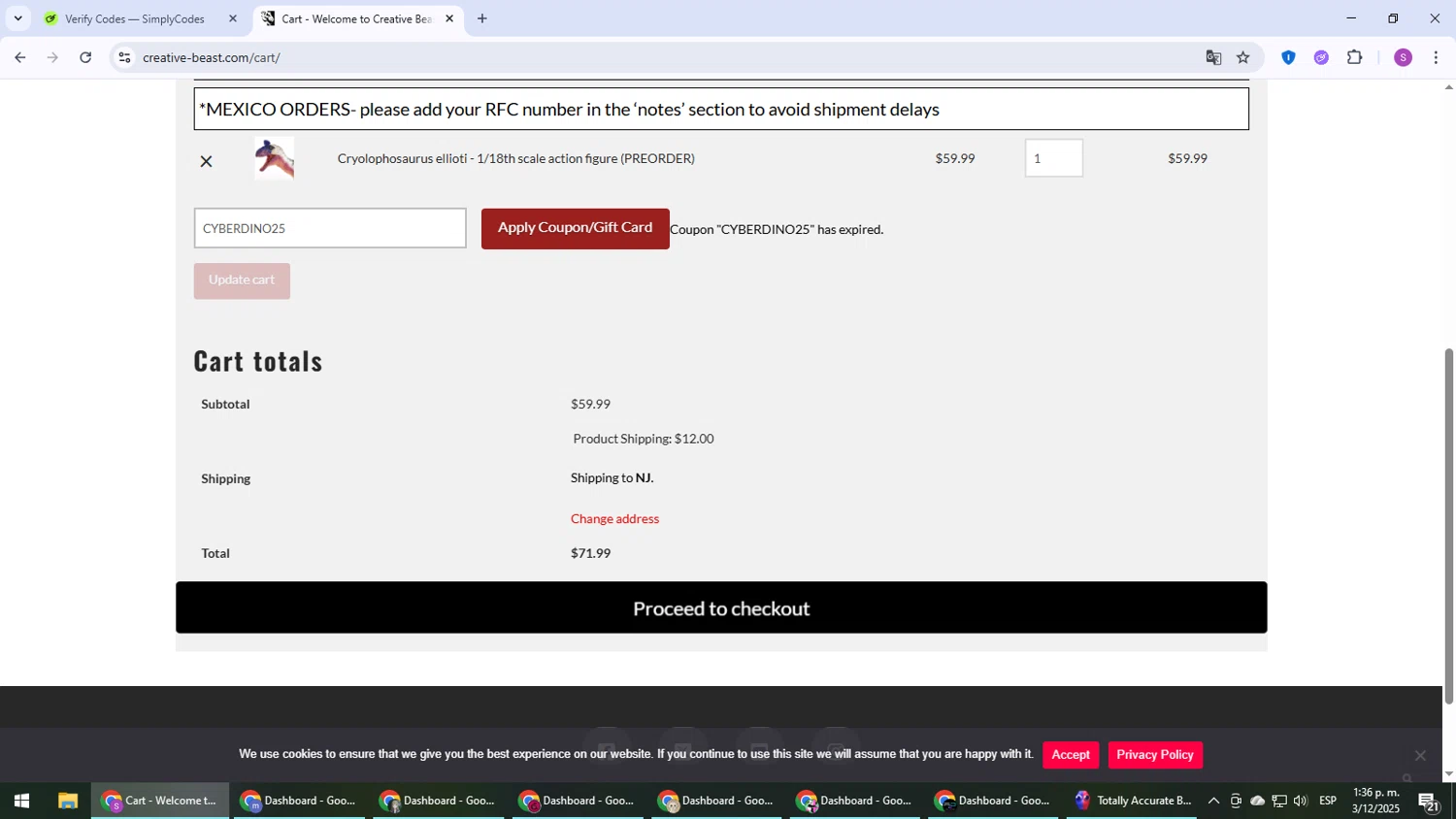 Creative Beast promo code screenshot showing code CYBERDINO25 applied at Creative Beast checkout page. Uploaded by SimplyCodes community member Son_Goku on Dec 3, 2025