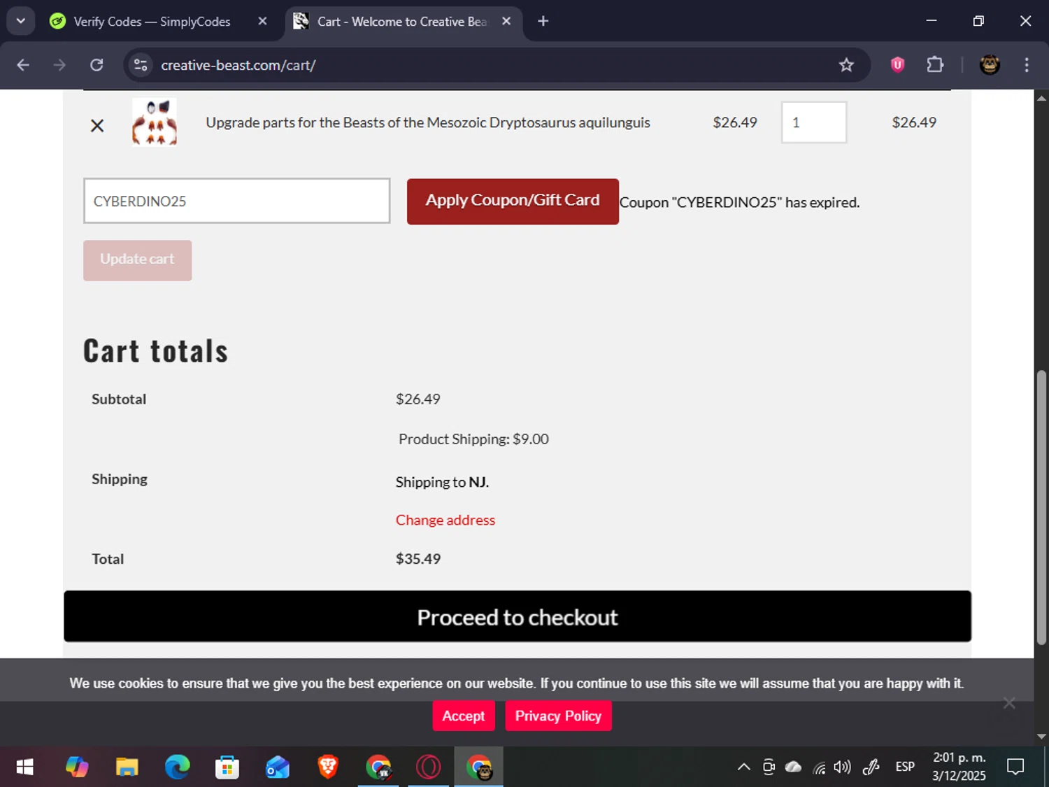 Creative Beast promo code screenshot showing code CYBERDINO25 applied at Creative Beast checkout page. Uploaded by SimplyCodes community member abrahanv on Dec 3, 2025