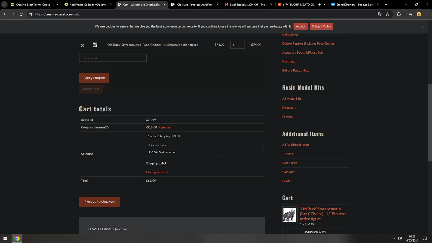 Creative Beast promo code screenshot showing code dinosun20 applied at Creative Beast checkout page. Uploaded by SimplyCodes community member MarcosAranguren on May 8, 2024