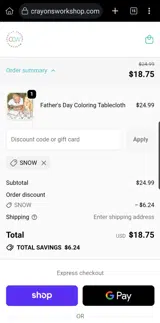 Creative Crayons Workshop coupon verification screenshot