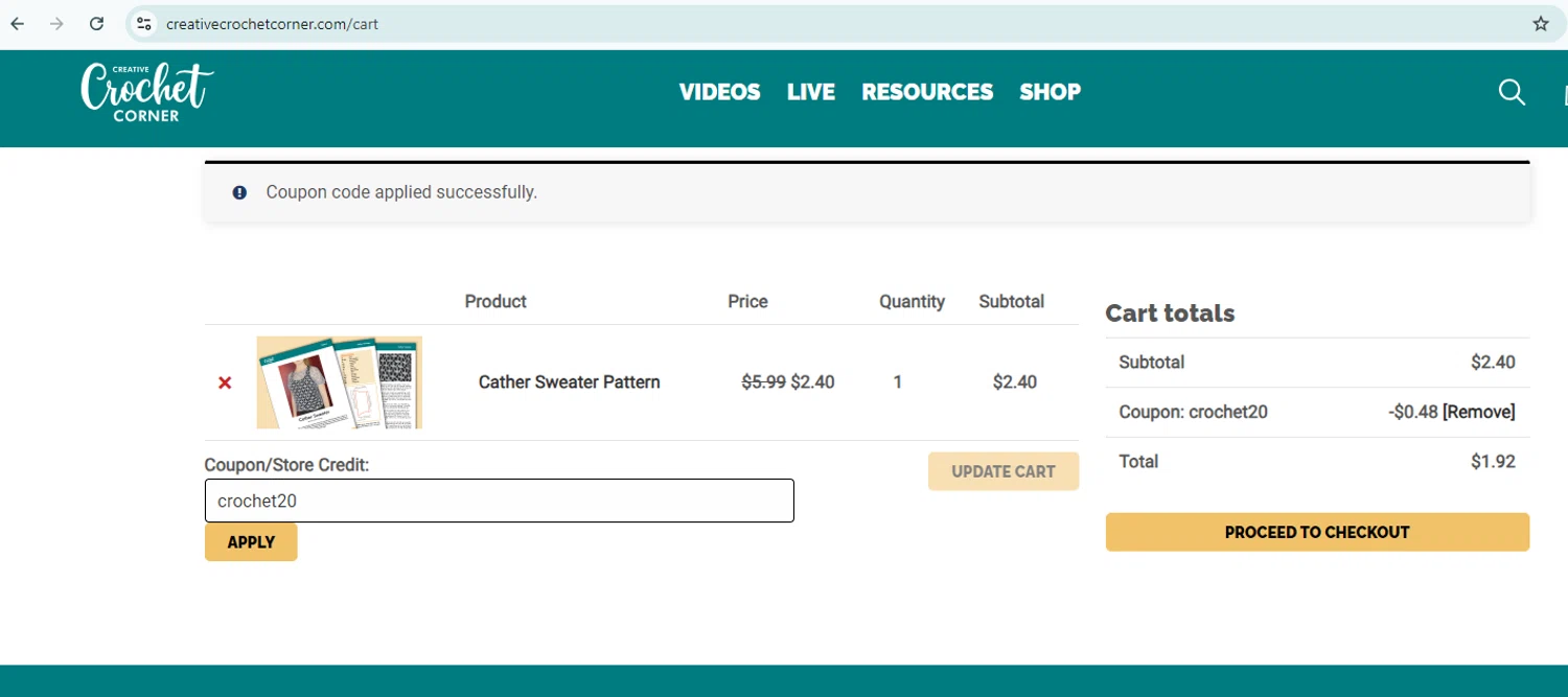 where to use Creative Crochet Corner promo code box