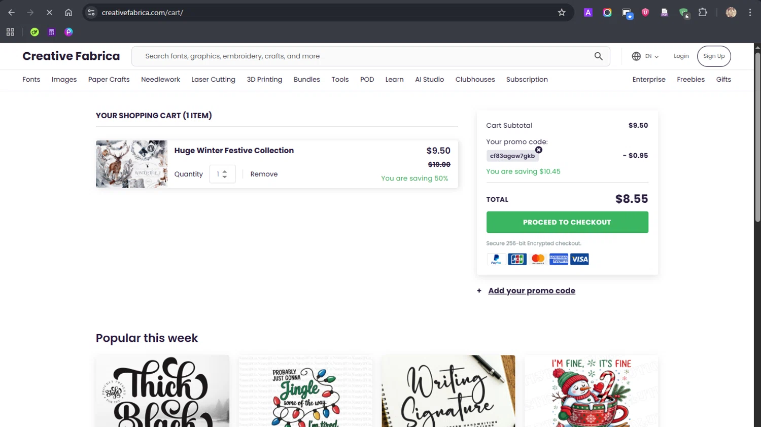 Creative Fabrica promo code screenshot showing code CF83AGAW7GKB applied at Creative Fabrica checkout page. Uploaded by SimplyCodes community member ROCKSORD on Nov 21, 2025