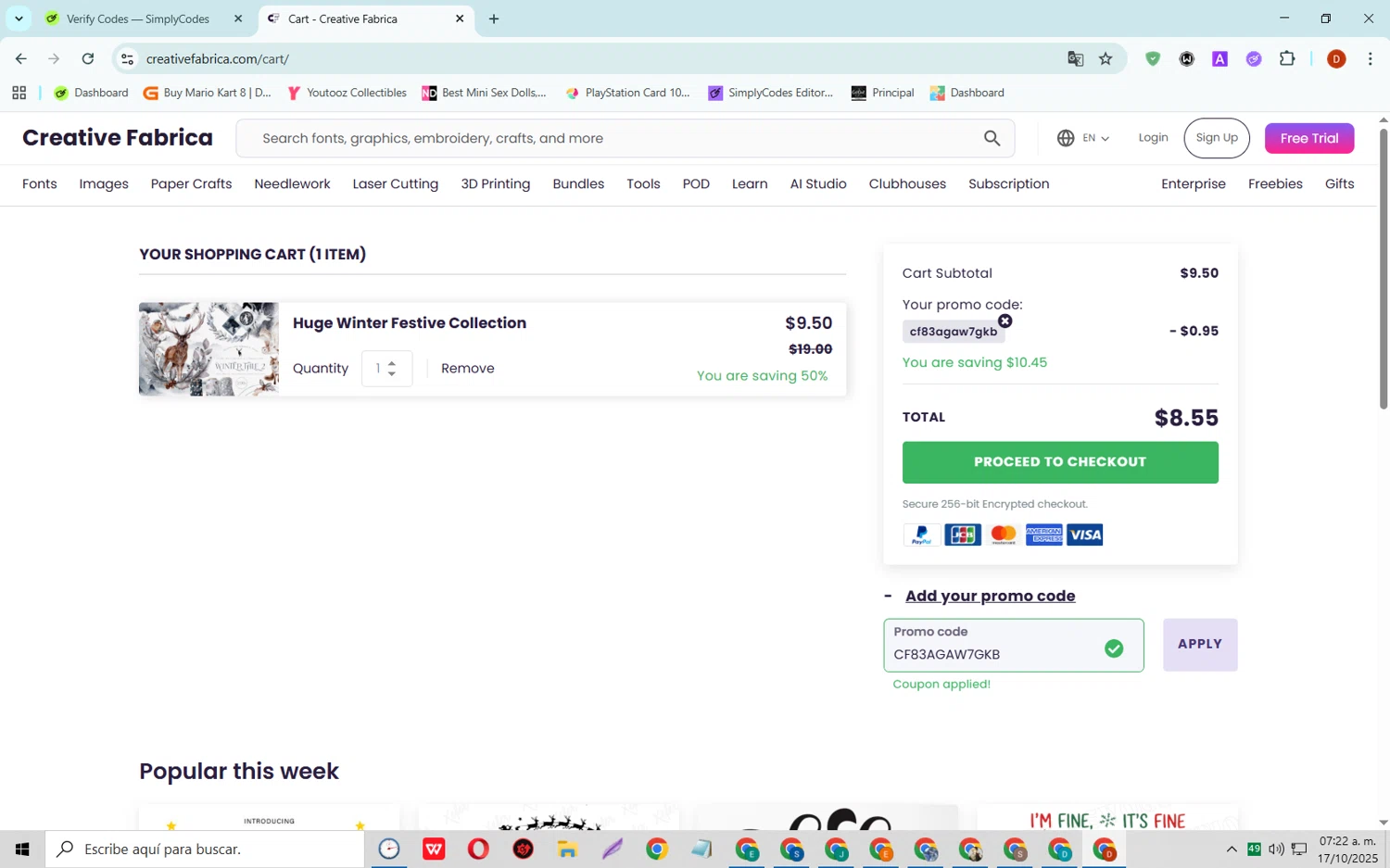 Creative Fabrica checkout page showing Creative Fabrica promo code box | Screenshot taken by SimplyCodes community member on Oct 17, 2025