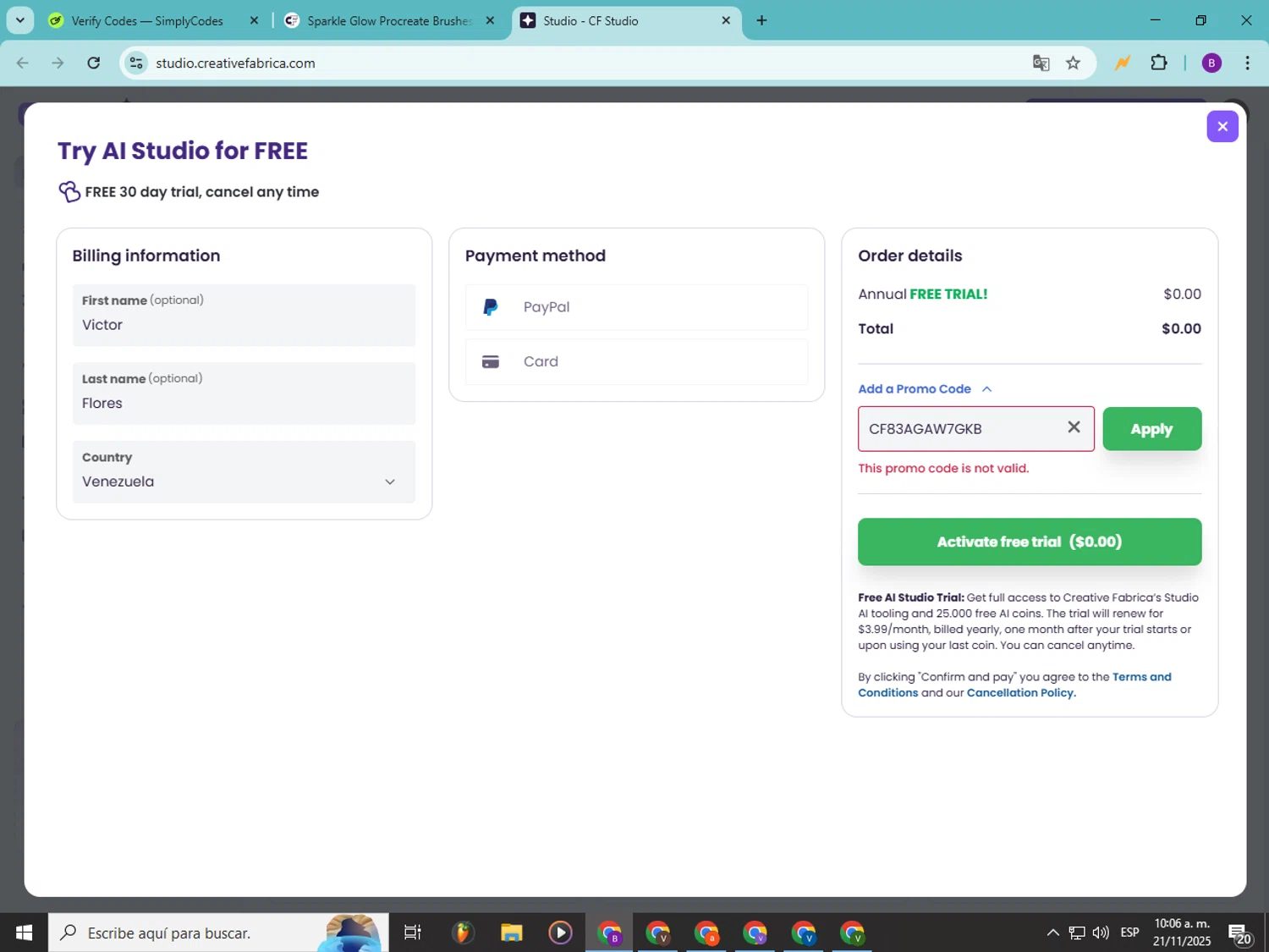 Creative Fabrica promo code screenshot showing code CF83AGAW7GKB applied at Creative Fabrica checkout page. Uploaded by SimplyCodes community member Soyvictor on Nov 21, 2025