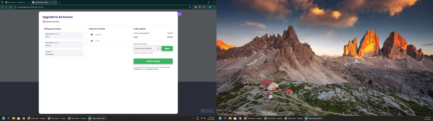 Creative Fabrica promo code screenshot showing code allaccessspecialdeal applied at Creative Fabrica checkout page. Uploaded by SimplyCodes community member BargainGuardian280 on Nov 12, 2025