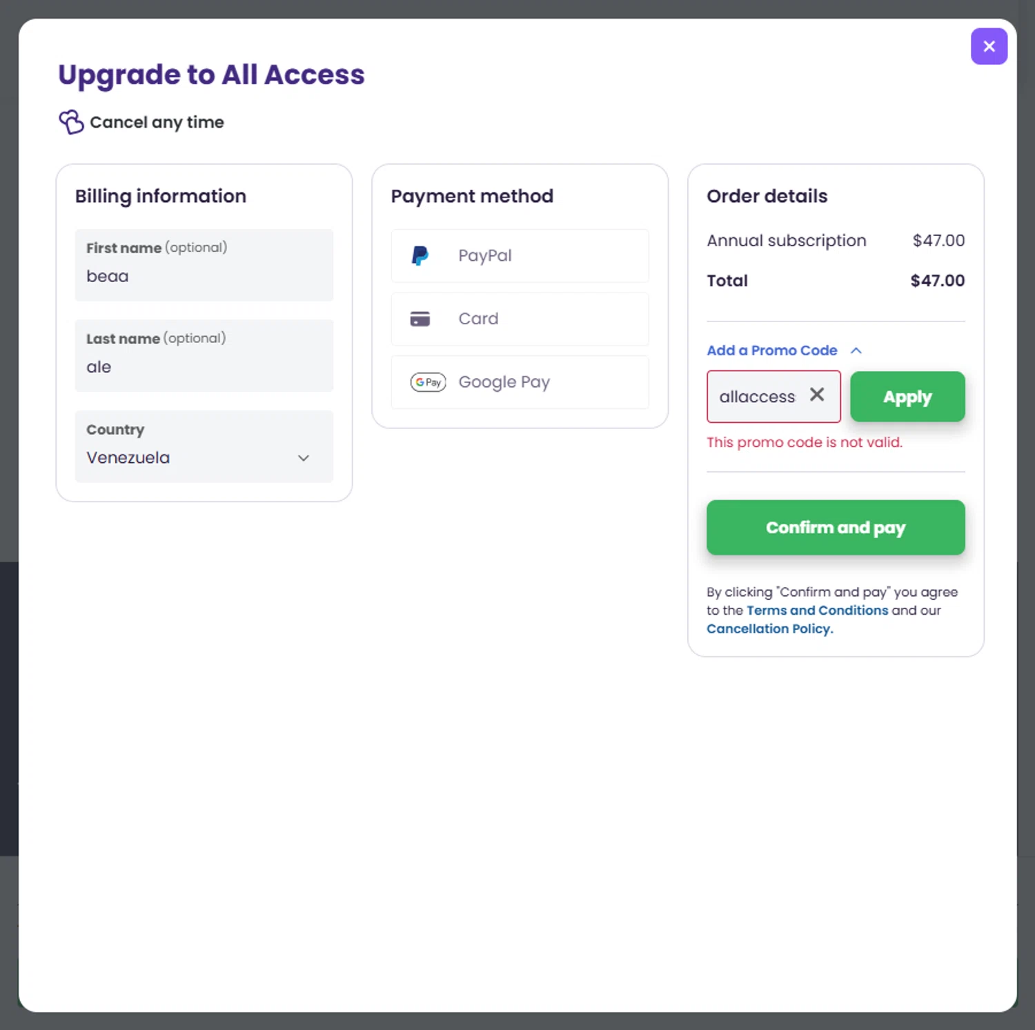 Creative Fabrica promo code screenshot showing code allaccessspecialdeal applied at Creative Fabrica checkout page. Uploaded by SimplyCodes community member Beaaalmera on Nov 12, 2025