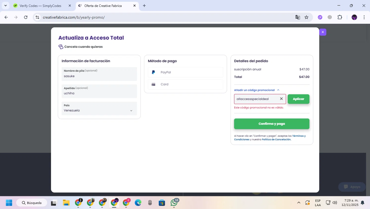 Creative Fabrica promo code screenshot showing code allaccessspecialdeal applied at Creative Fabrica checkout page. Uploaded by SimplyCodes community member GloriousGuardian9063 on Nov 12, 2025