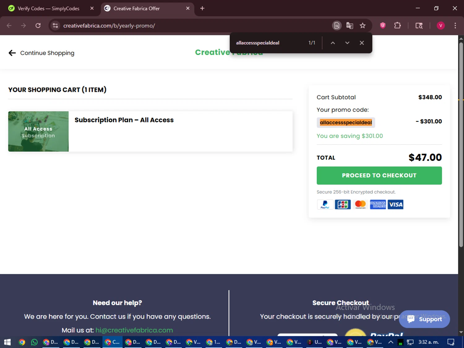 Creative Fabrica checkout page showing Creative Fabrica promo code box | Screenshot taken by SimplyCodes community member on Nov 4, 2025