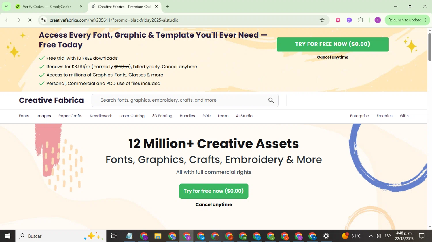 Creative Fabrica promo code screenshot showing code AIBF2025 applied at Creative Fabrica checkout page. Uploaded by SimplyCodes community member ThriftyCurator4085 on Dec 22, 2025