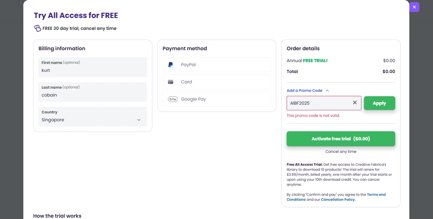 Creative Fabrica promo code screenshot showing code AIBF2025 applied at Creative Fabrica checkout page. Uploaded by SimplyCodes community member kurcovein on Dec 22, 2025