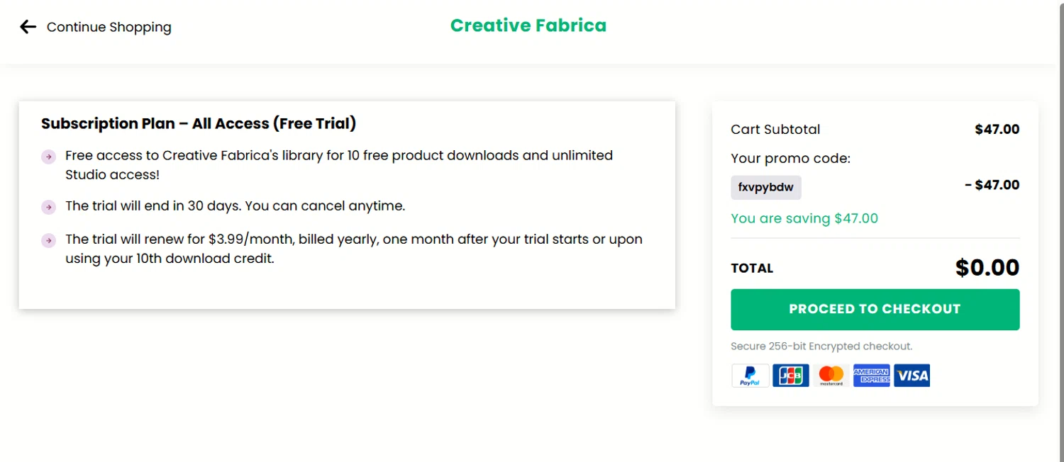 Creative Fabrica checkout page showing Creative Fabrica promo code box | Screenshot taken by SimplyCodes community member on Nov 22, 2025